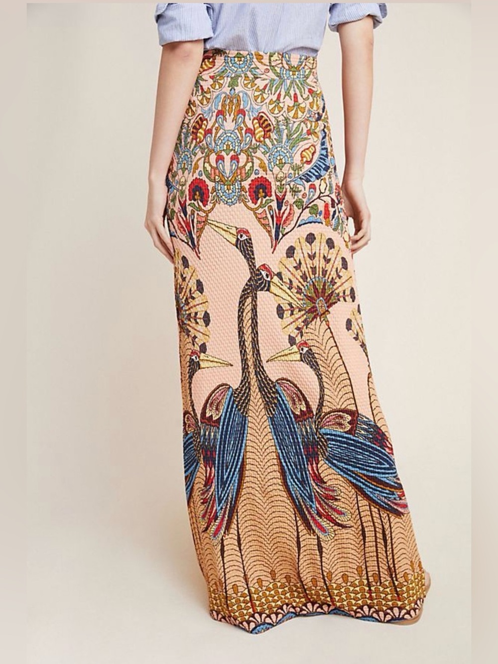 Anthropologie Peach Maxi Skirt with Blue & Red Peacock Print - Picture 7 of 14